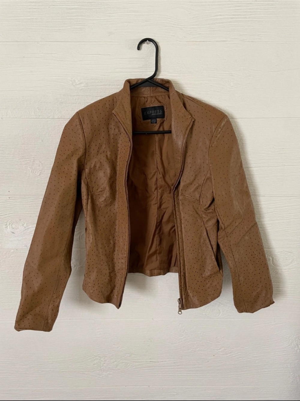 Express Perforated Brown Faux-Leather Zip Jacket